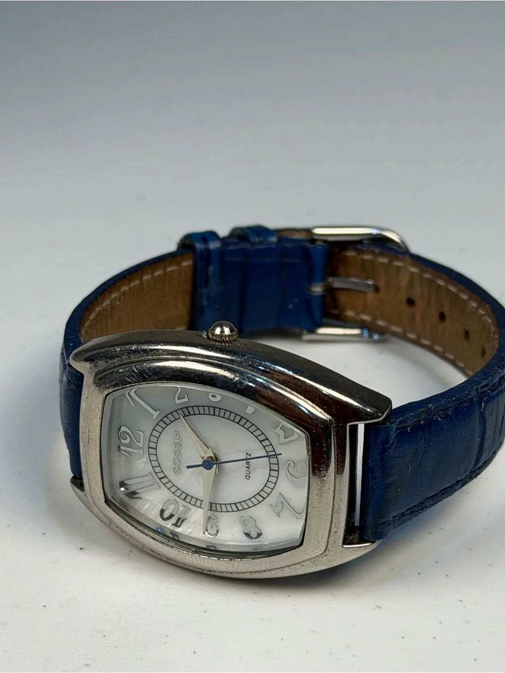 Gossip Women’s Quartz Watch White Dial Blue Faux Leather Strap 33mm Runs